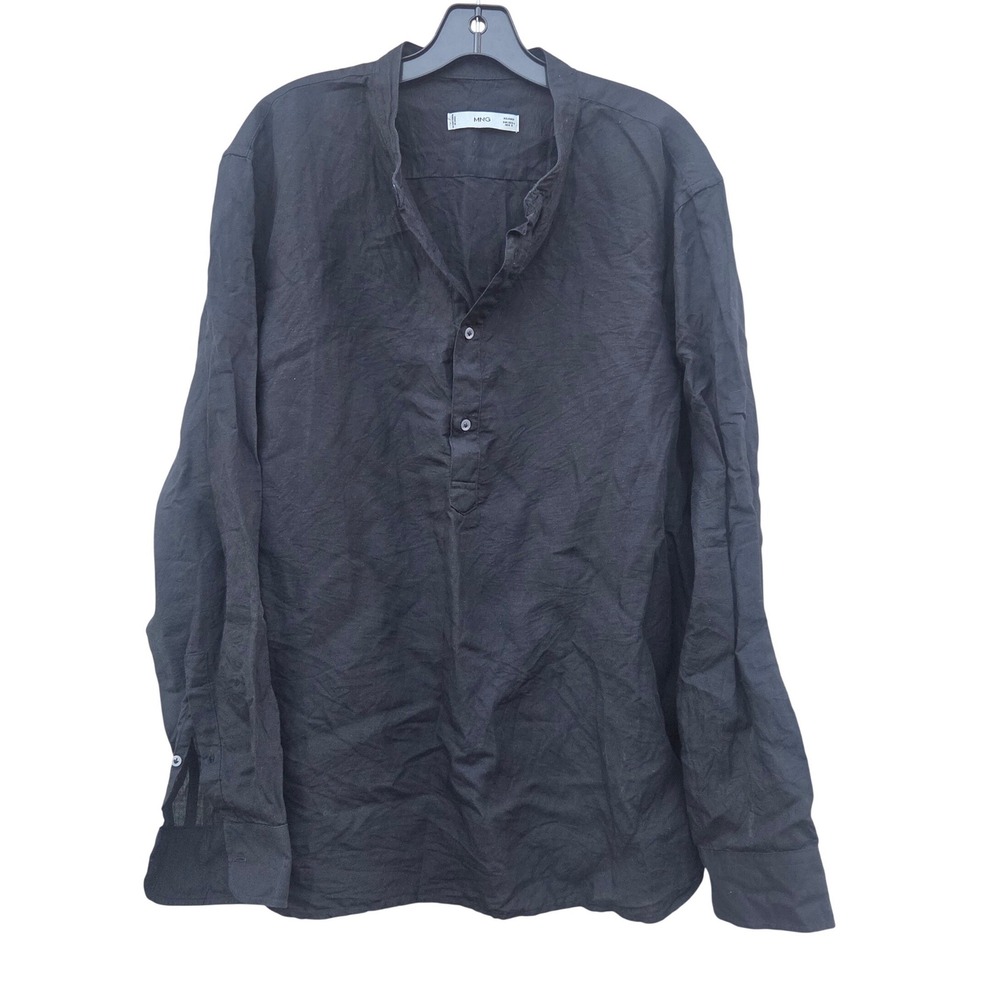 MNG Mango Black Linen Tencel Euro Lagenlook Relaxed Dark Easy Collar Shirt Large